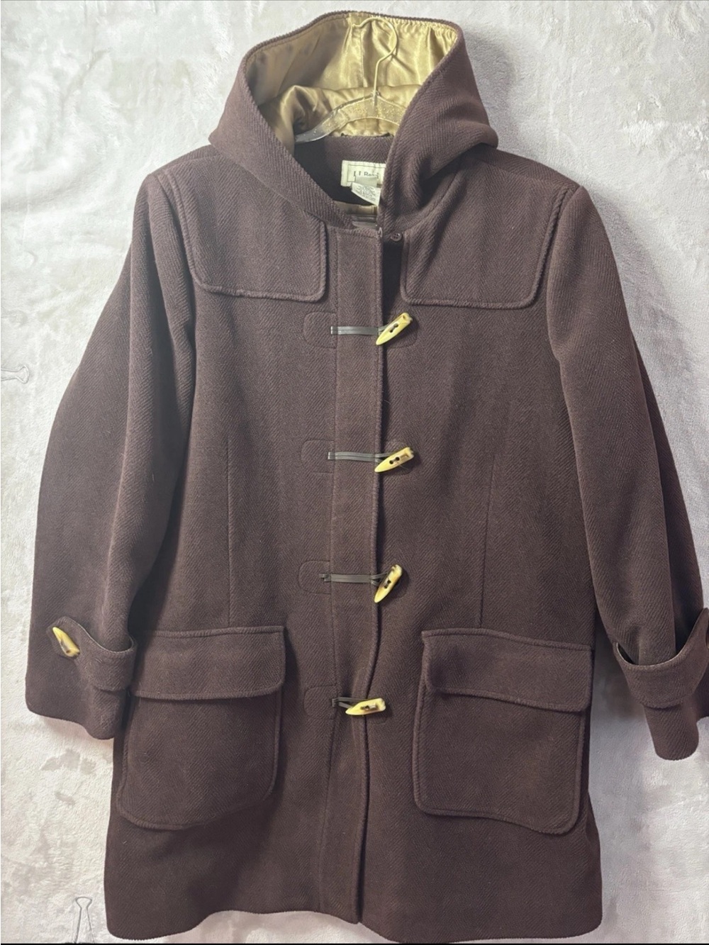 L.L.Bean Women’s 1X Wool Duffle Coat Brown Hooded Toggle Jacket Plus
